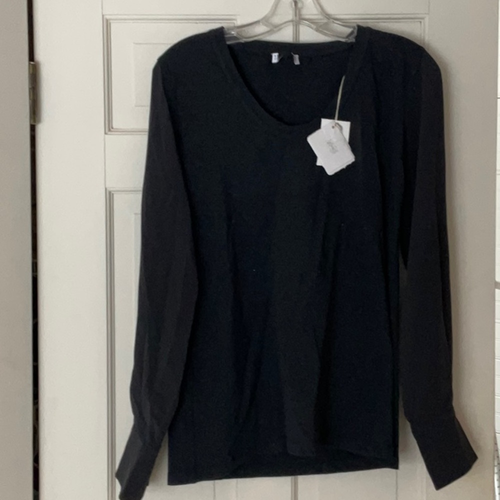 Brunello CUCINELLI l/s Jersey top with sheer black sleeves xl dark grey tag snip